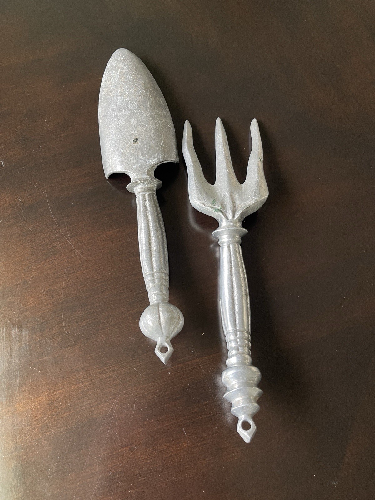 Vintage Cast Aluminum Curved Handle Garden Tools Trowel & Cultivator Hand Rake