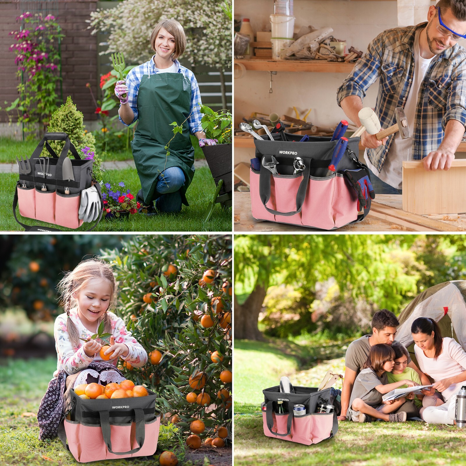 WORKPRO Garden Tool Bag, Heavy Duty with 10 Pockets Pink with Shoulder Strap