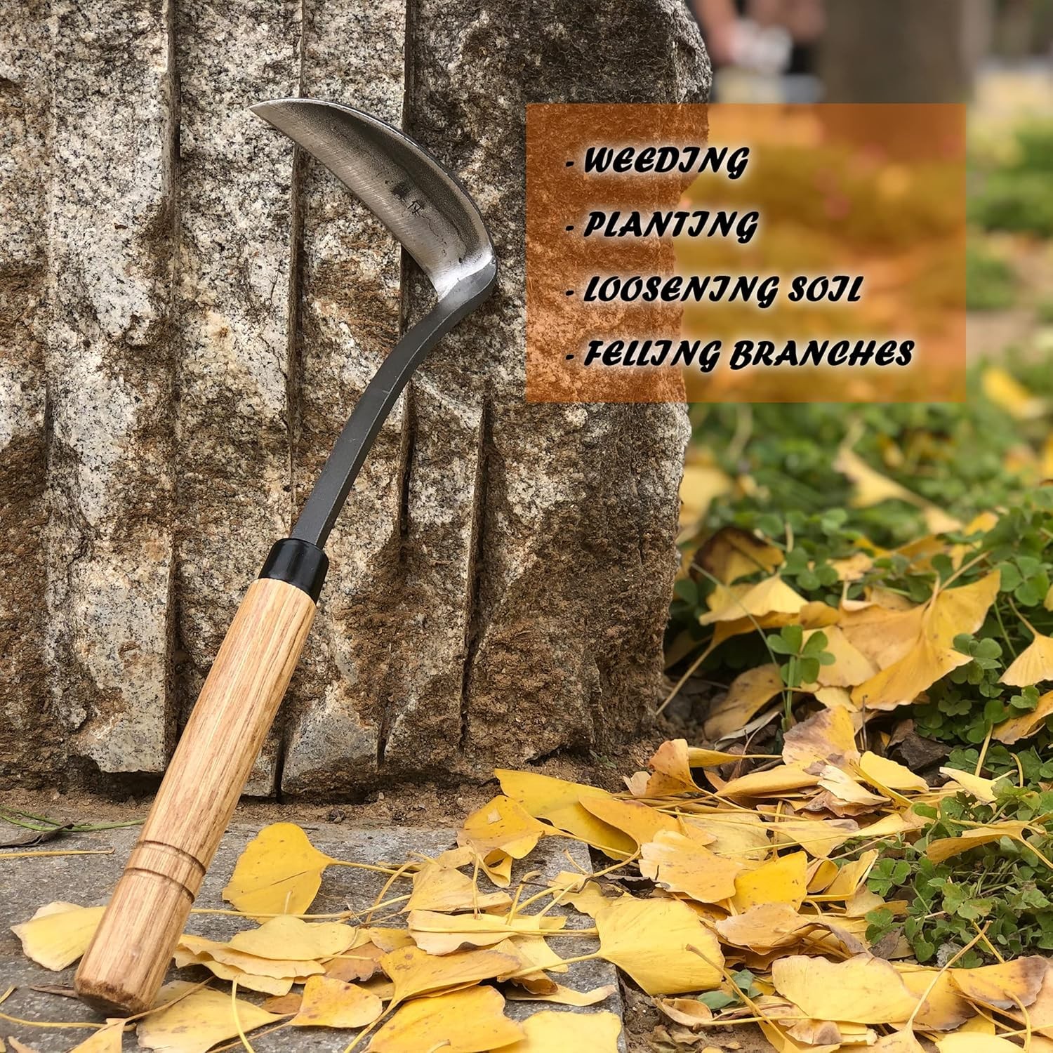Japanese-Style Grass Sickle Hoe Gardening Handheld Tool, Weeding Tool Wood Steel