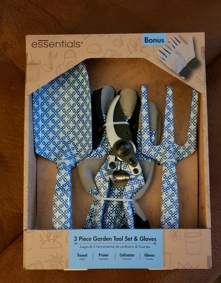 3-piece Garden Tools Set Bonus Gloves Trowel Pruner Cultivator Gloves Blue Check
