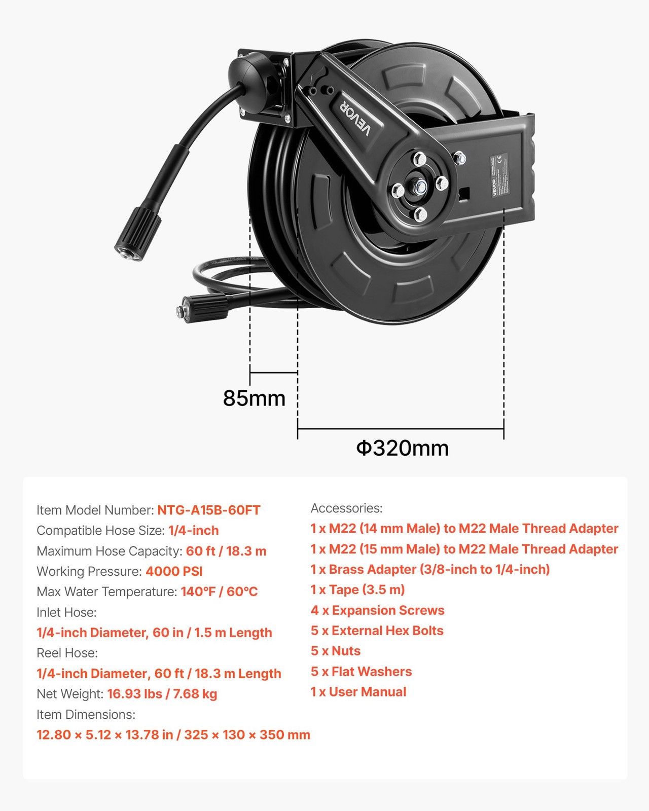 Pressure Washer Hose Reel, 60 ft x 1/4 inch Retractable Power Heavy-Duty Steel W