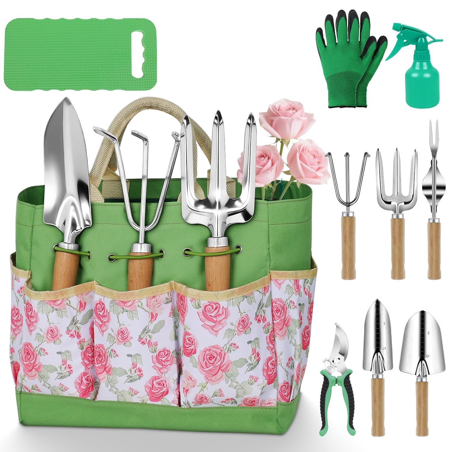 10 PCS Heavy Duty Stainless Steel Garden Tool Set Pink Floral Tote Bag Women