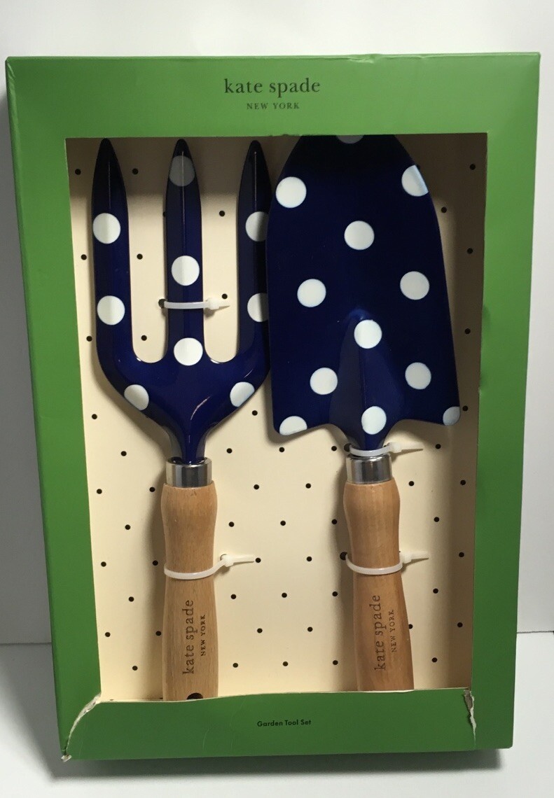 KATE SPADE 2 PC GARDEN HAND TOOLS SET Trident Trowel NAVY DOTS White NIB
