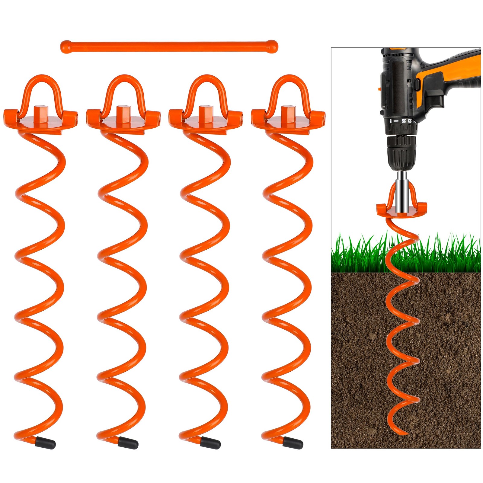 FEED GARDEN 16 Inch Spiral Ground Anchors Heavy Duty Screw Stakes 4 Pack Orange