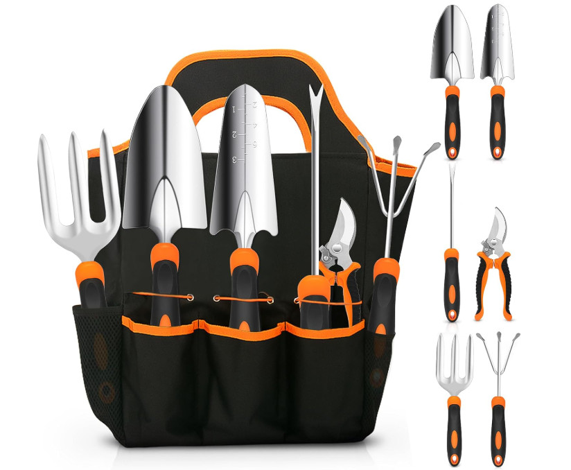 Set jardinería acero inoxidable, mango antideslizante con bolsa portátil