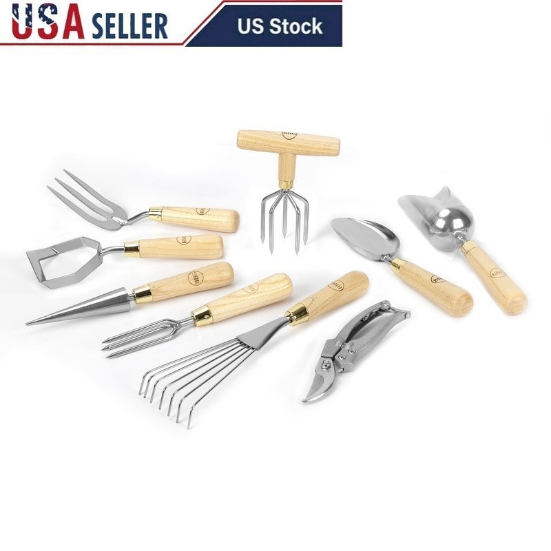 9 Piece Gardening Tool Set Stainless Steel Tools W/ Ergonomic Wooden Handles New