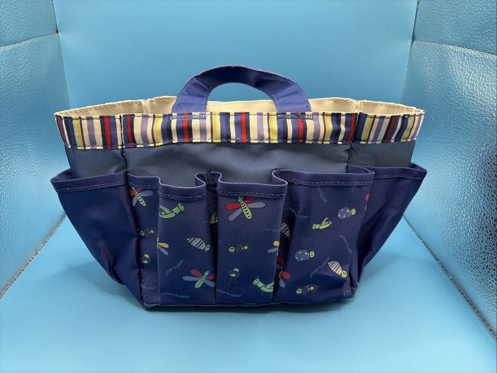 Kids Garden Tool Bag Organizer Multi Pocket Tote Craft Storage Blue Insect Print