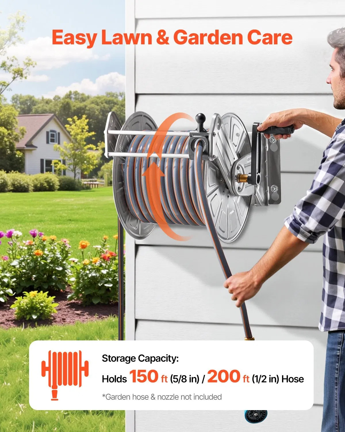Wall Mounted Garden Hose Reel, Holds 150 ft 5/8-inch Water Hose Winder, Heavy-D