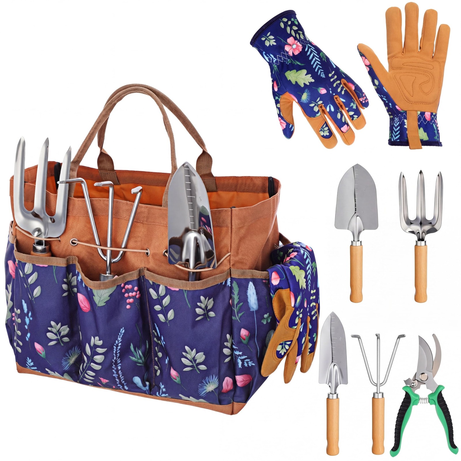 7 Pcs Gardening Tool Set 12.6×6.3×10.4 Inch Multi-Pocket Large Floral Tote Ba…