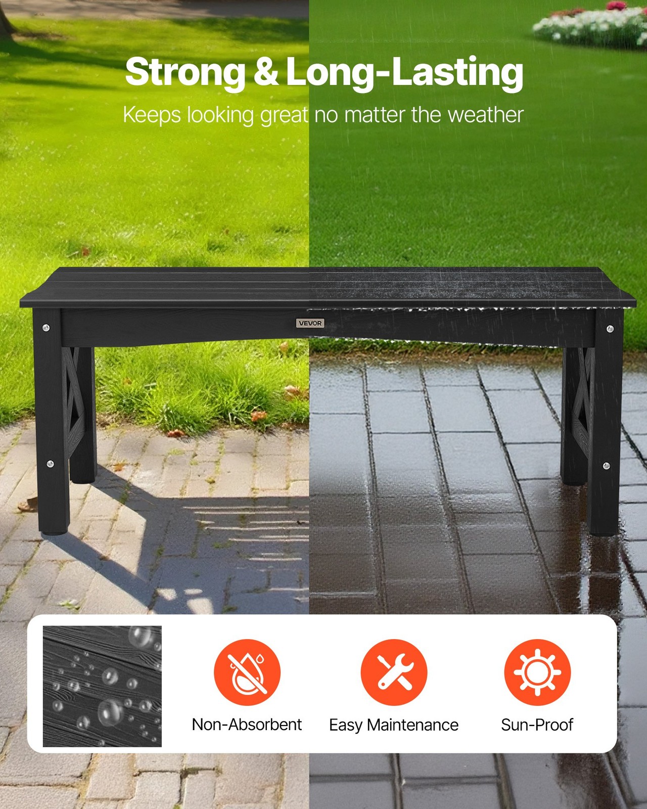 Outdoor Bench, 44.5 inch, 600 lbs Weight Capacity, Weatherproof Plastic Frame wi