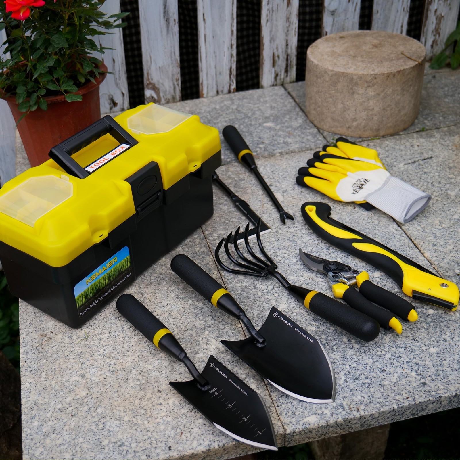 7-Piece Stainless Steel Gardening Tool Set, Heavy-Duty Hand Tools & Toolbox, Ide
