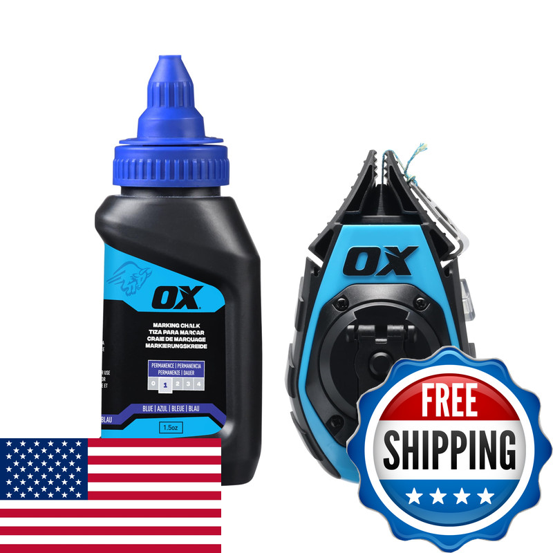 Ox Pro 50Ft Precision Chalk Line Pinchable Rubber Tip And 4Oz Chalk Powder