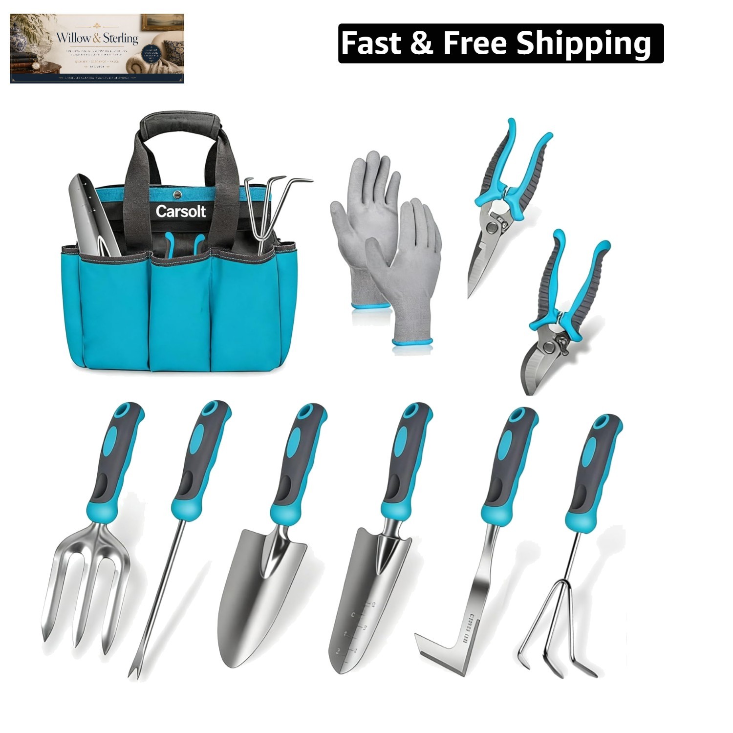 Gardening Tools, 10 Piece Heavy Duty Stainless Steel Garden Tools Set with Er…