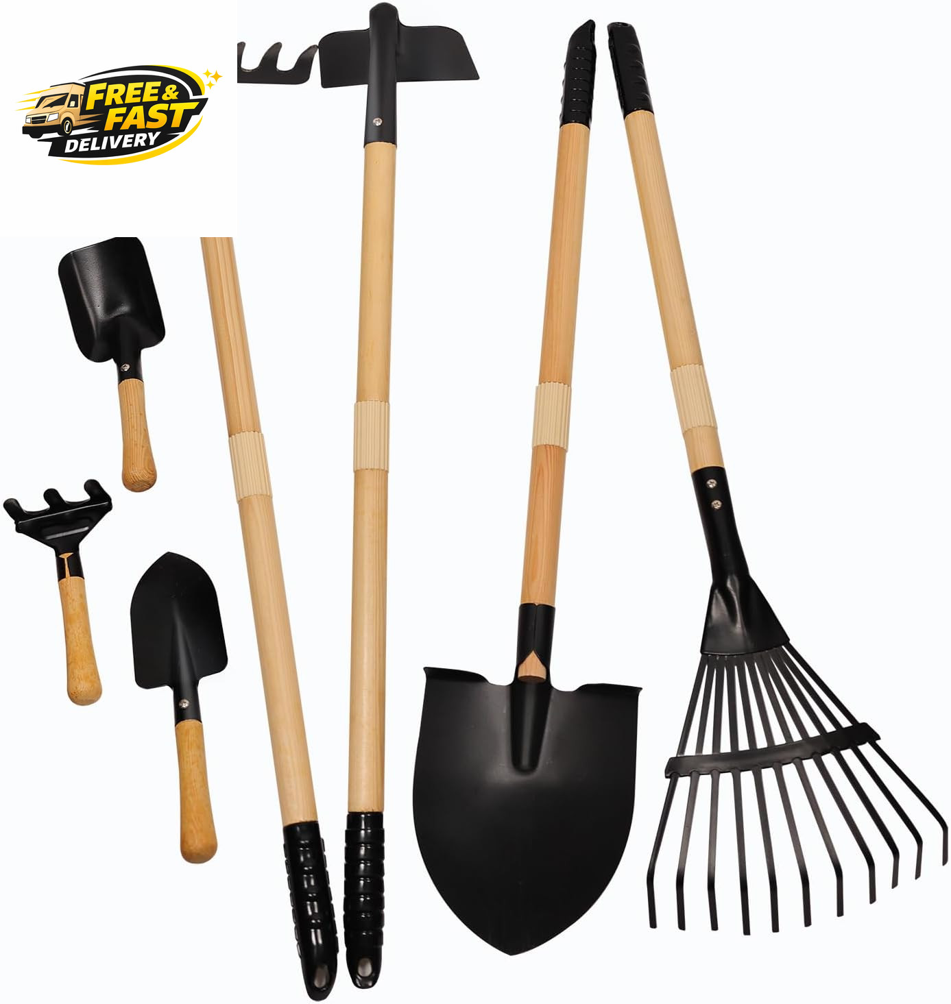 Kids Rake and Shovel Sets, 7PCS Child Metal Gardening Tools for Real Digging-Gre
