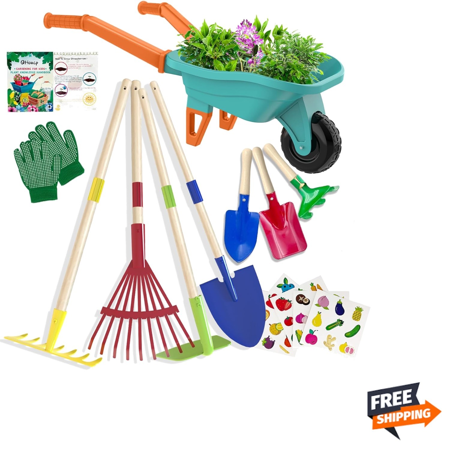 Qtioucp 14-Piece Kids Gardening Set with Wheelbarrow & Real Metal Tools