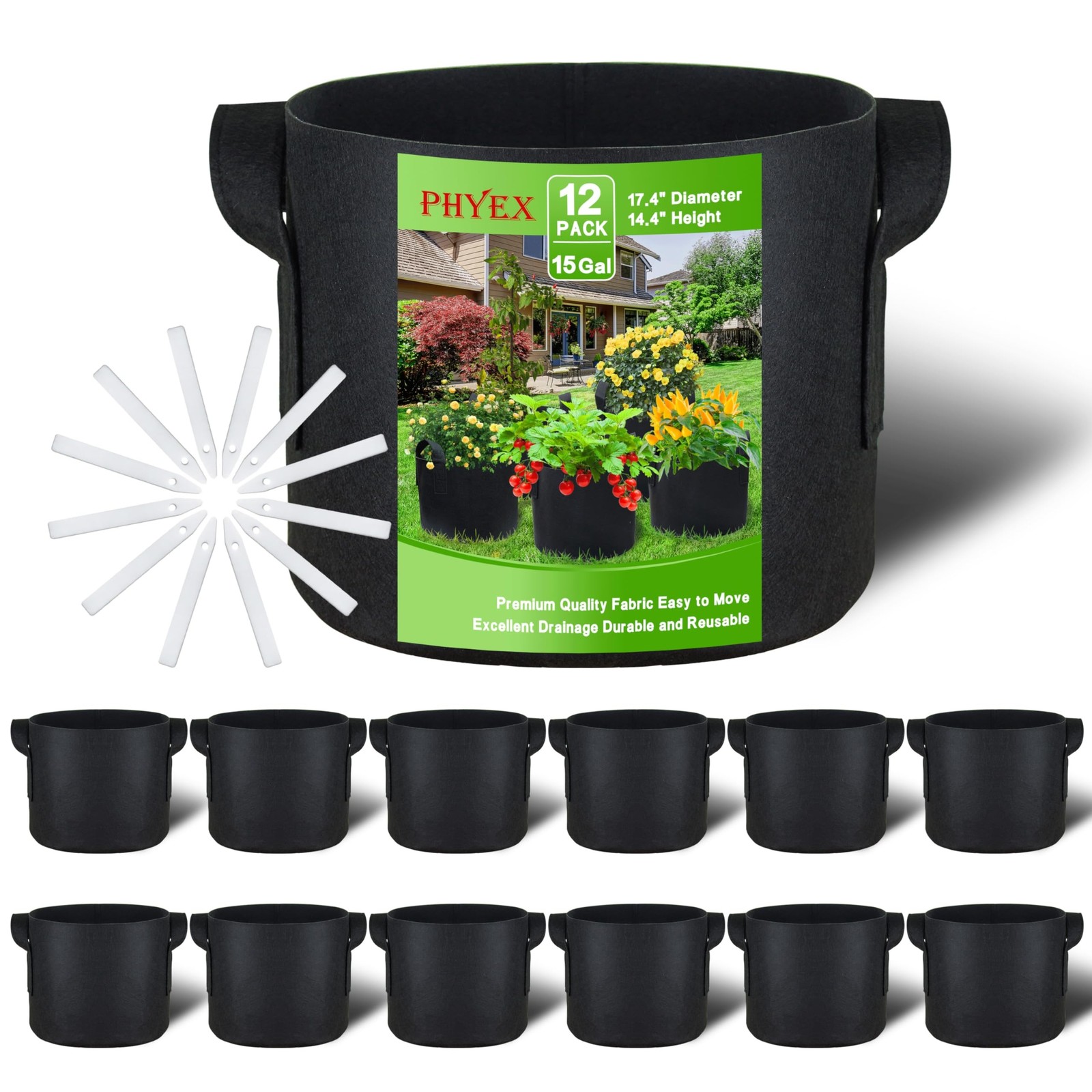 PHYEX 12-Pack 15 Gallon Grow Bags, Heavy Duty Fabric Pots with Hand… Fast Ship