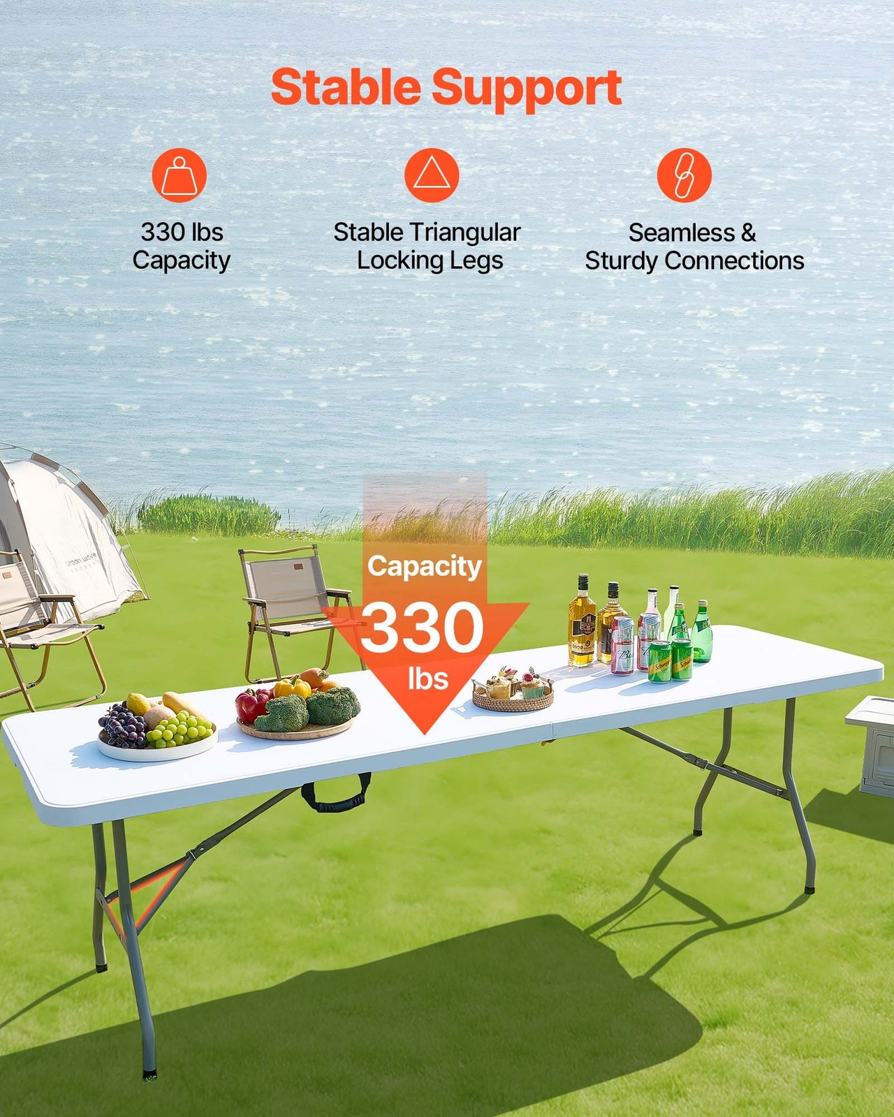 Folding Table, 8 Ft Heavy Duty Portable Fold-in-Half Utility Table, Indoor Outdo