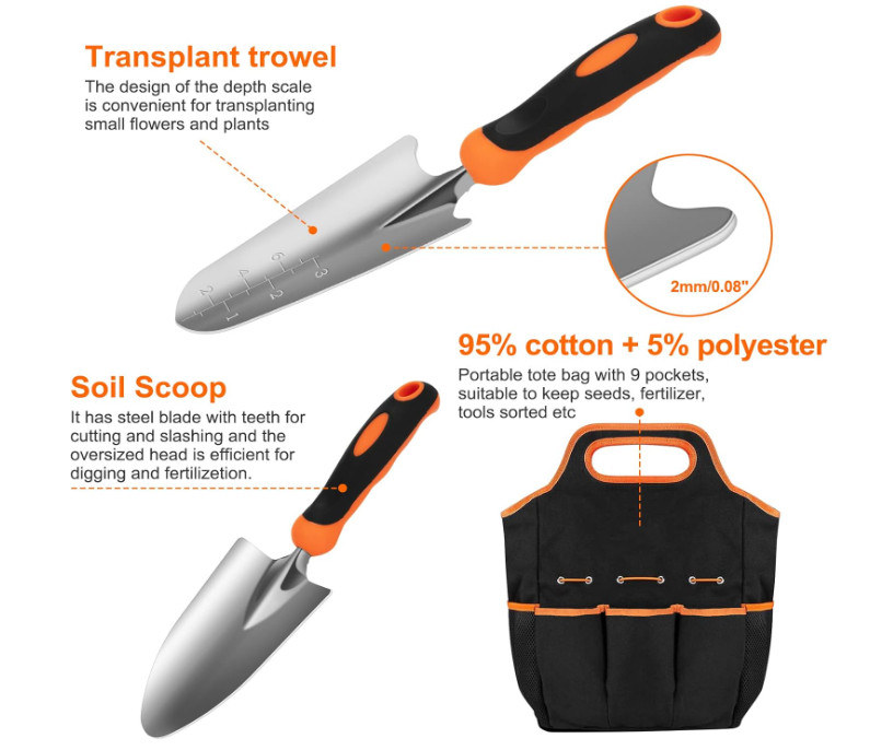 Set jardinería acero inoxidable, mango antideslizante con bolsa portátil