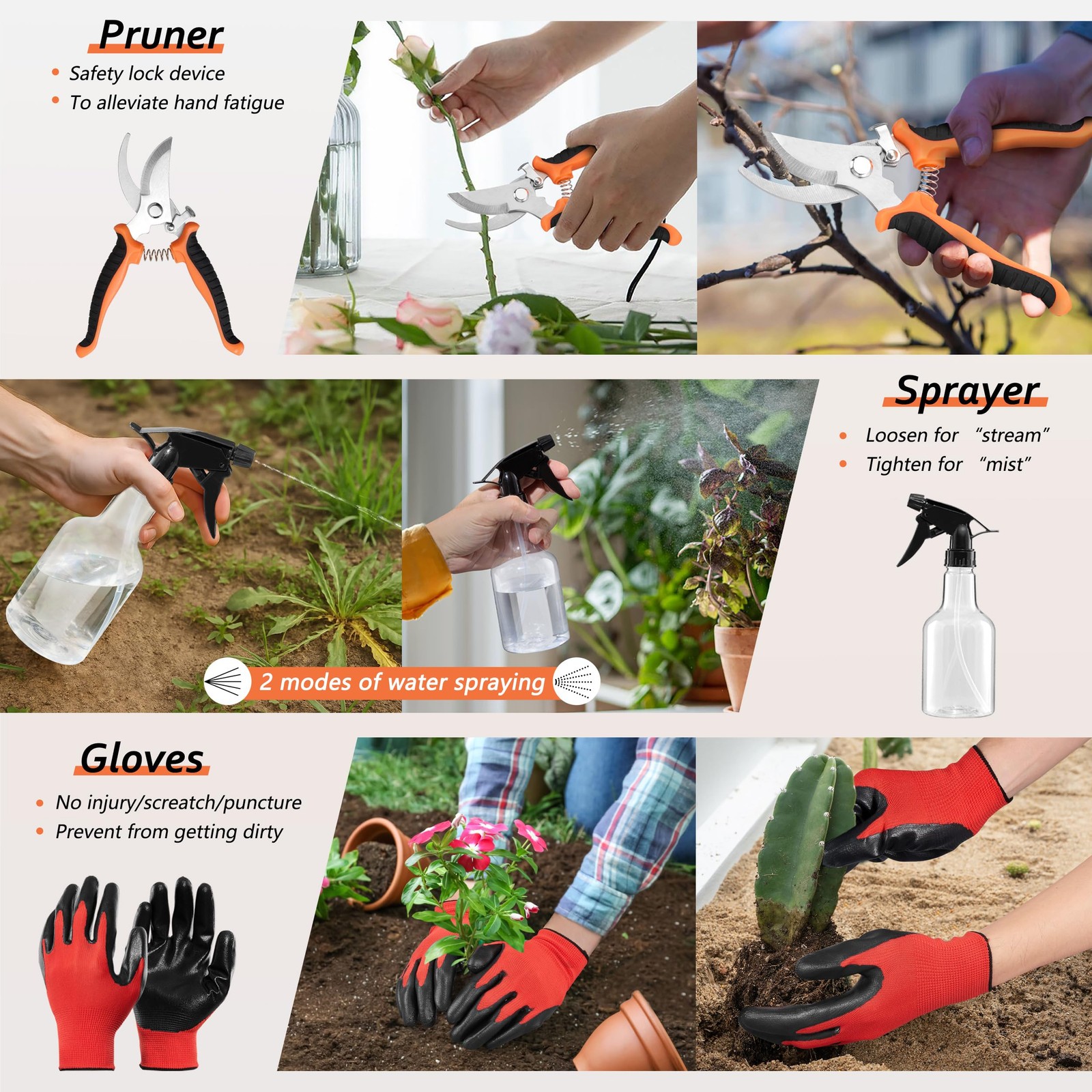 HaSteeL Garden Tools Set, 11 Pcs Gardening Supplies Hand Tool Black, Orange