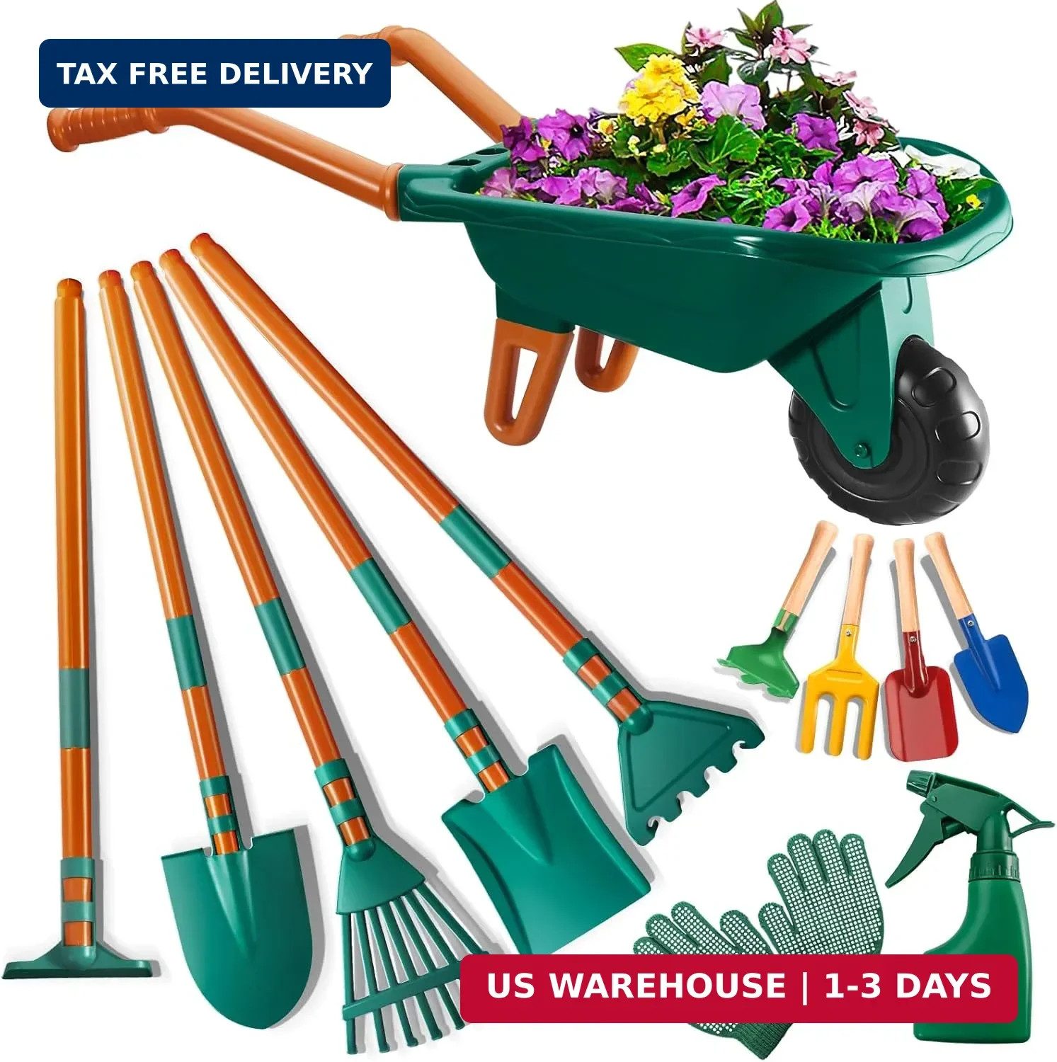 Kids Gardening Set-Kids Gardening Tools Wheelbarrow Set with Shovel, Leaf Rake,