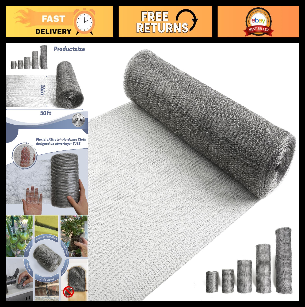 16″ x 50 ft Stainless Steel Wire Mesh Roll – Flexible Garden Fabric, Gap Blocker
