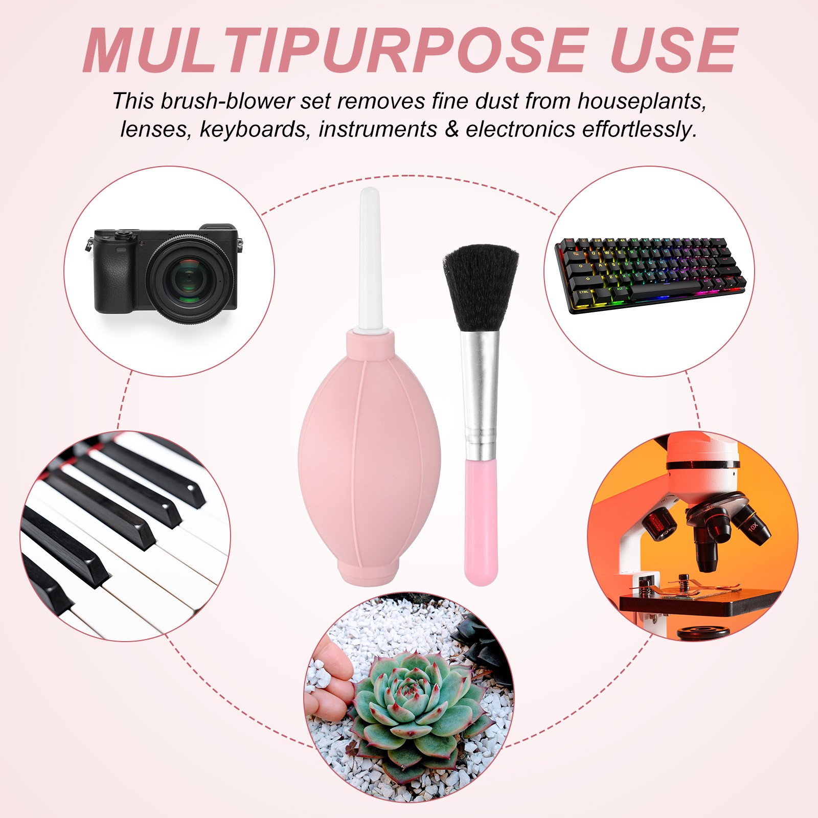 2-Set Plant Brush with Air Duster Blower, Succulent Cleaning Brush [Pink]