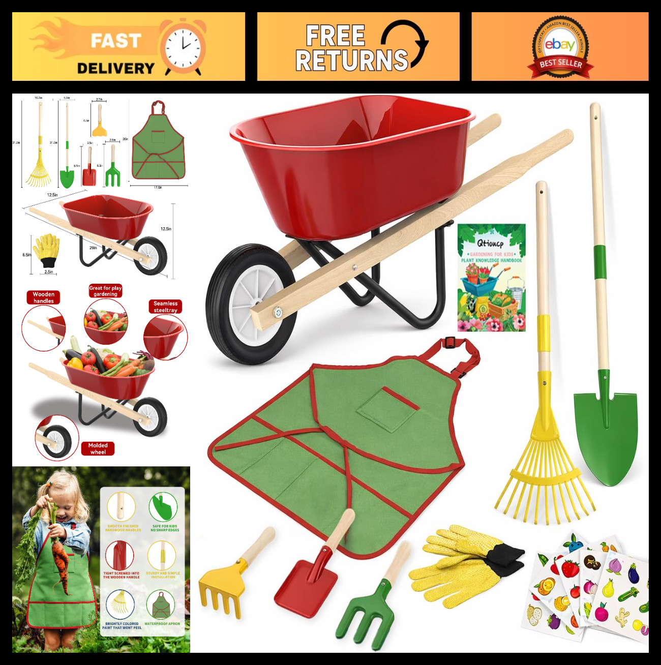 Kids Gardening Wheelbarrow Set – Metal & Wooden Tools, Gloves, Apron, STEM Guide