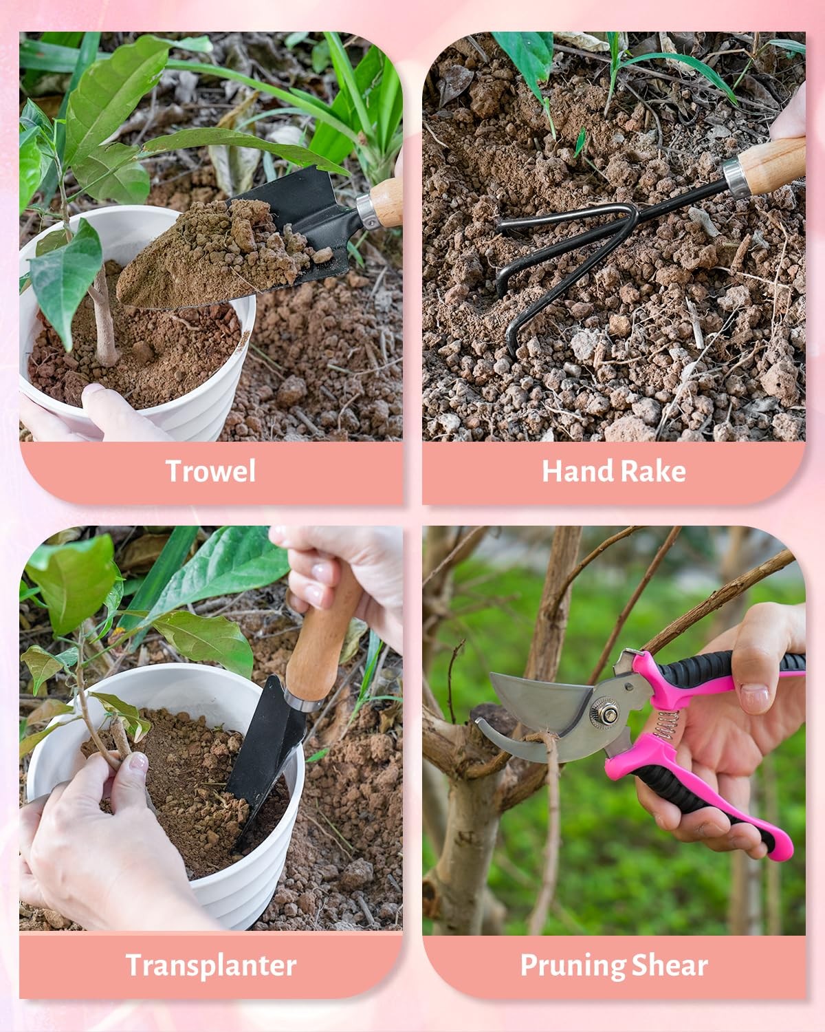 5 PCS Pink Garden Tool Set For Women Floral Bag Hand Shovel Rake Wife Gift
