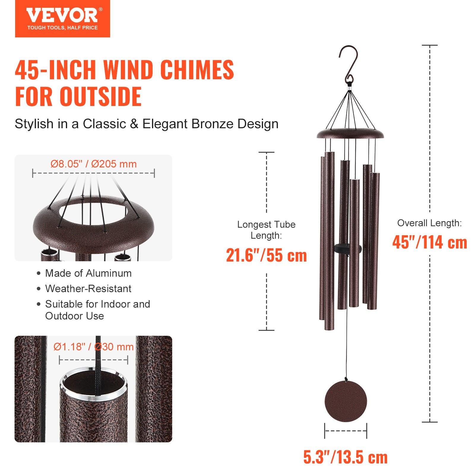 Wind Chimes for Outside,45 in,Deep Tone Wind Chimes with 6 Tubes,Unique Large Me