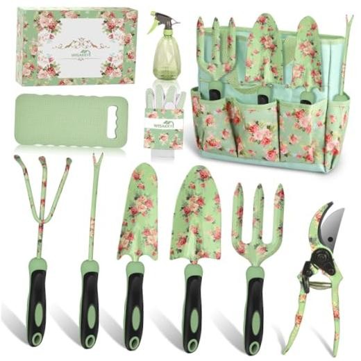Gardening Tools, 10 Piece Heavy Duty Garden Tools Set with Handle, Green