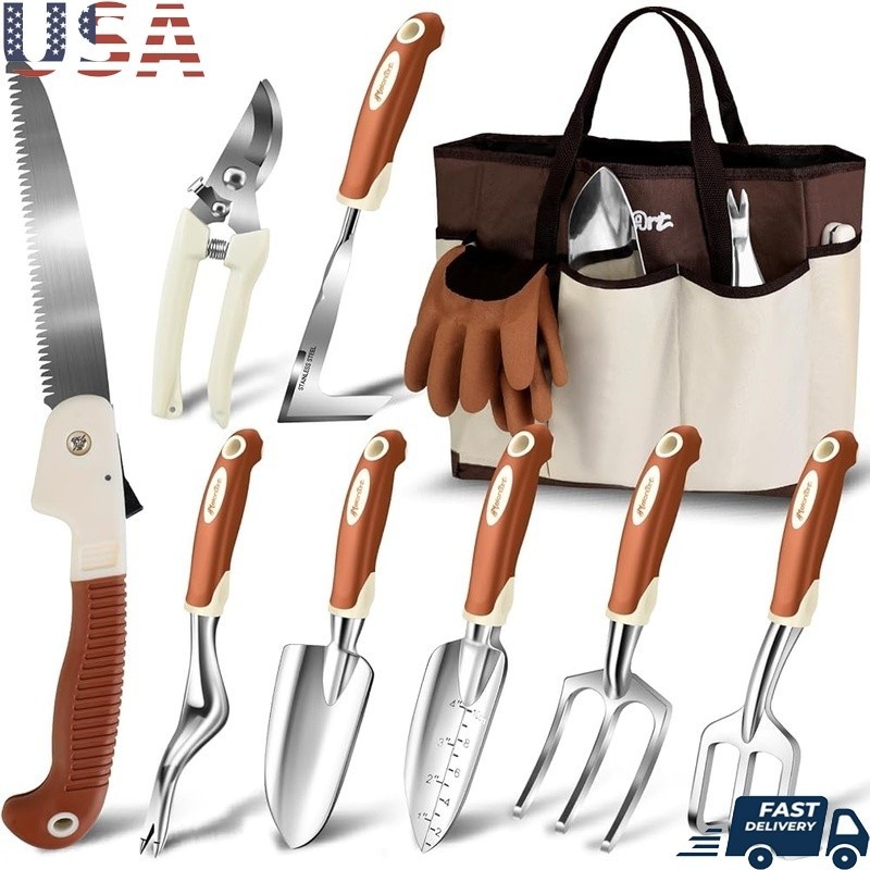 10 Piece Garden Tool Set Durable Aluminum Ergonomic Gardening Kit W/ Tote Bag US