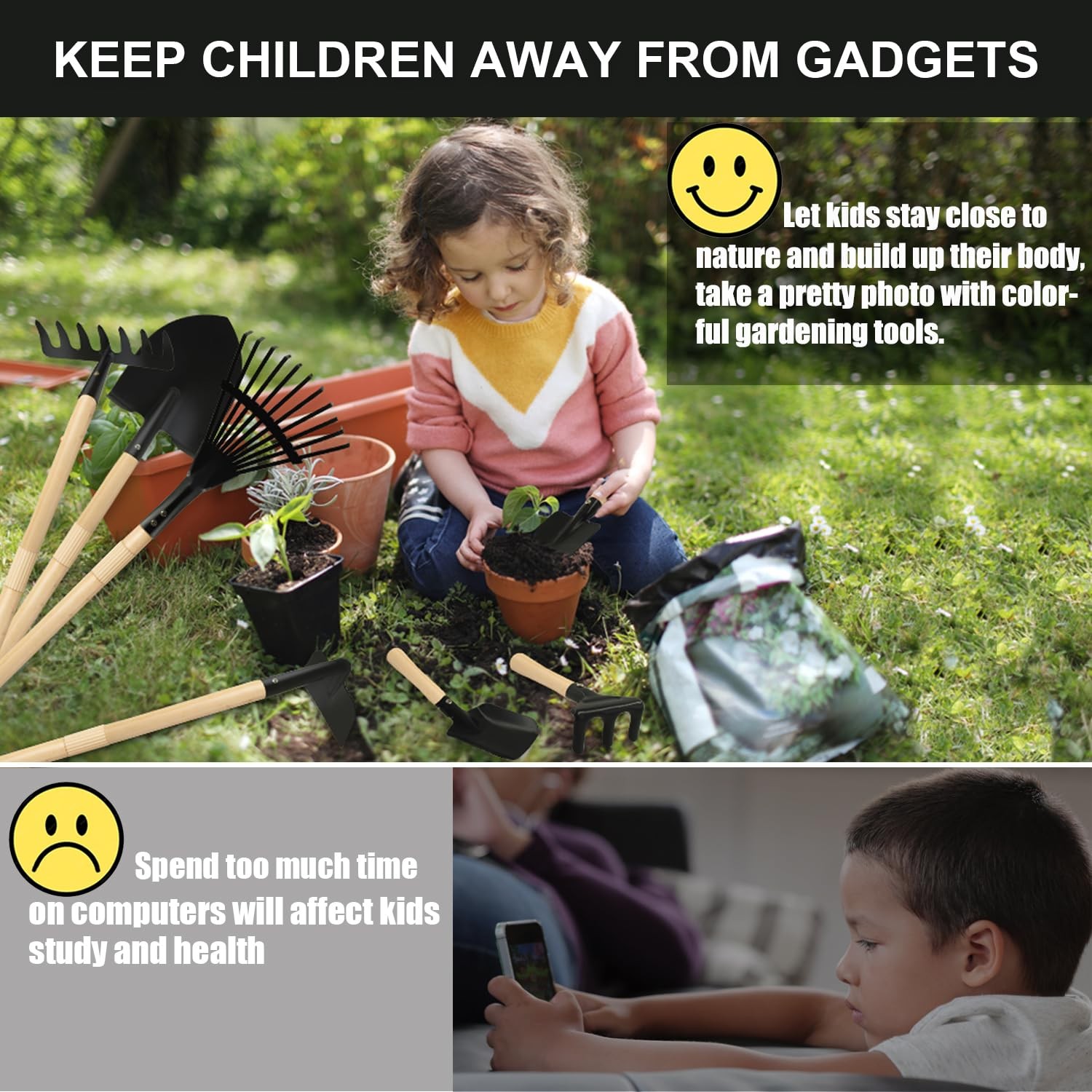 Kids Rake and Shovel Sets, 7PCS Child Metal Gardening Tools for Real Digging-Gre