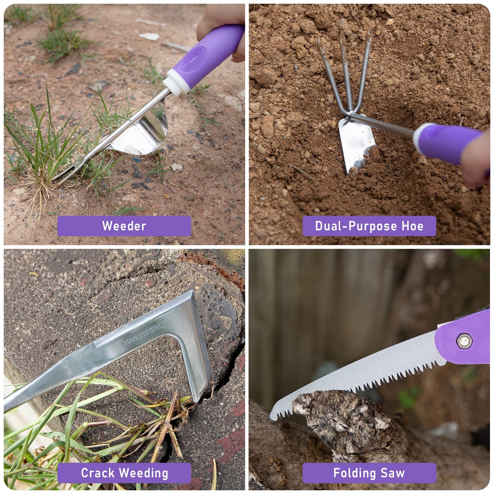 11~Piece Purple Garden Tool Set for Women with Storage Bag, Weeder, Hoe