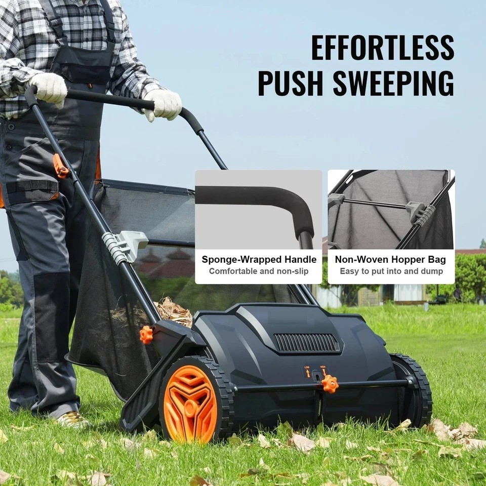 Push Lawn Sweeper, 21inch Leaf & Grass Collector, Strong Plastic Wheels & Heavy