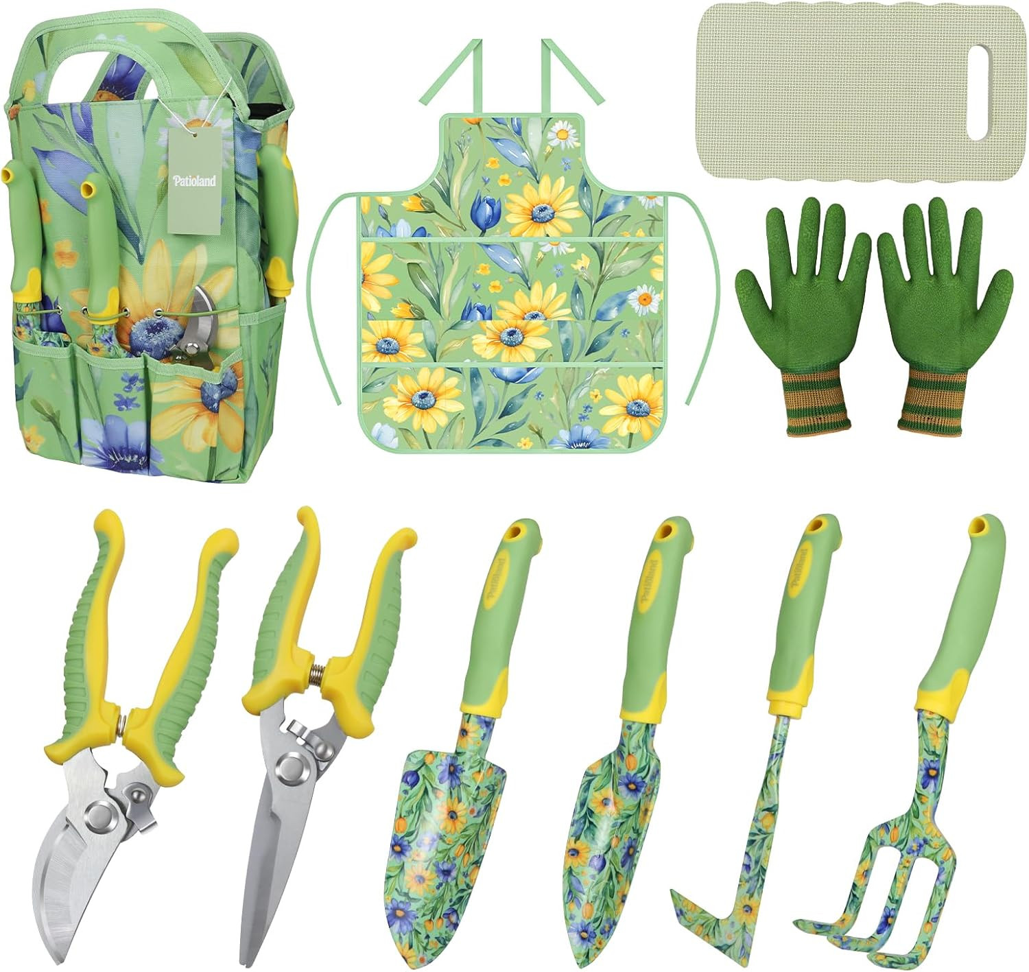 10-Piece Garden Tool Set – Green Floral Gardening Hand Tools with Non-Slip Handl