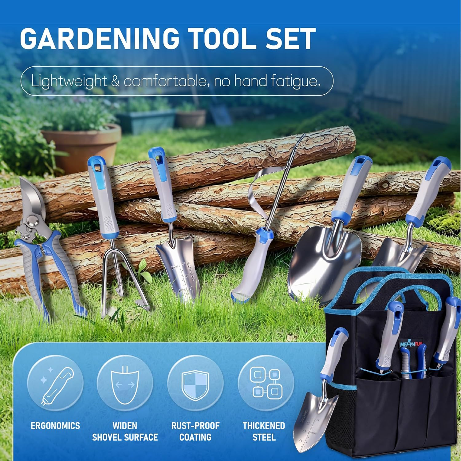 8-Piece Gardening Tools Set, Rust-Proof Stainless Steel Garden Tool with Ergonom