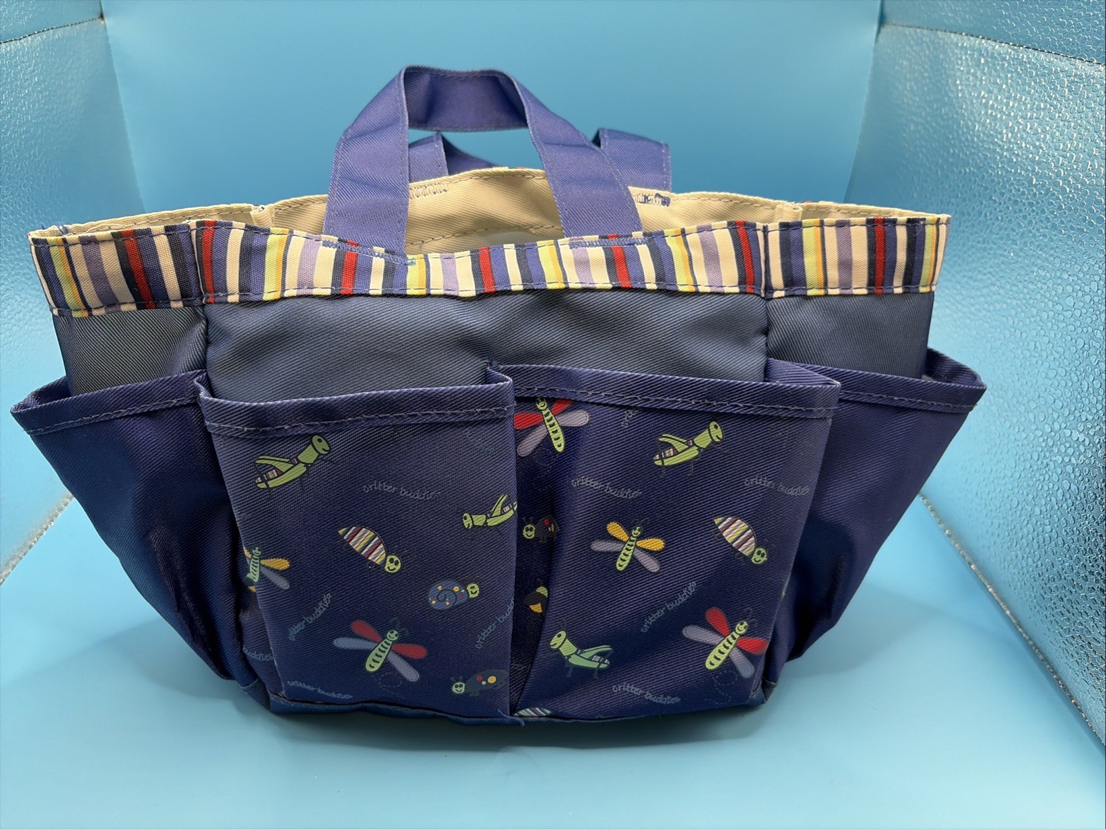 Kids Garden Tool Bag Organizer Multi Pocket Tote Craft Storage Blue Insect Print
