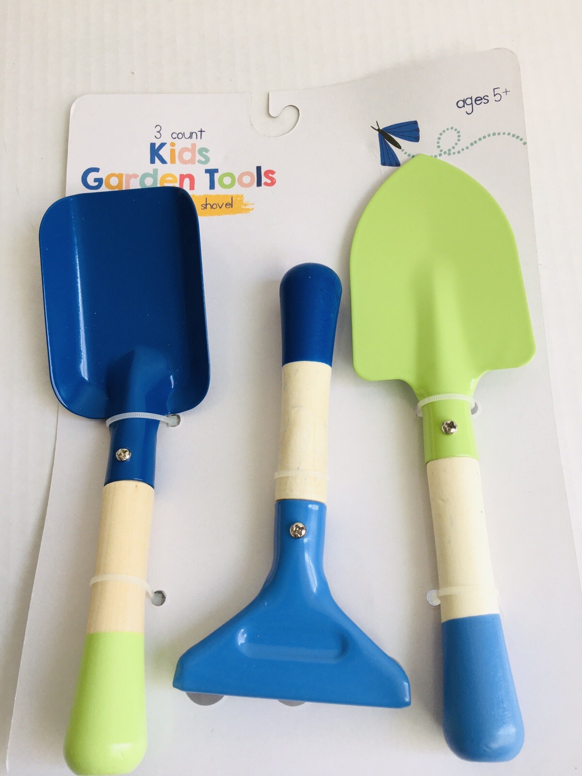 3 Piece Rake Shovel Spade Garden Tool Set Kids Sand Play Includes Blue Green
