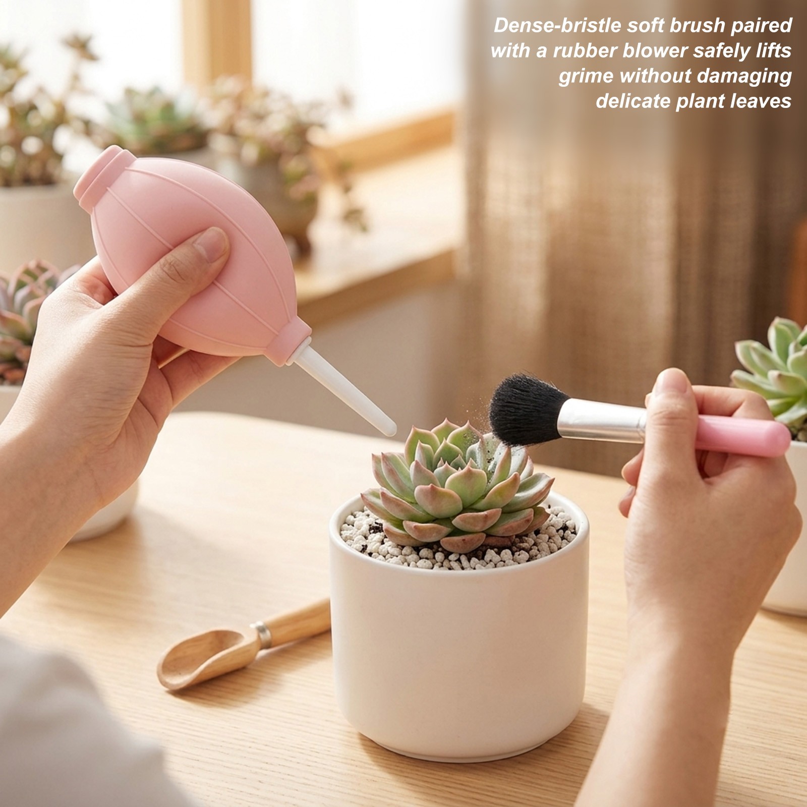 2-Set Plant Brush with Air Duster Blower, Succulent Cleaning Brush [Pink]
