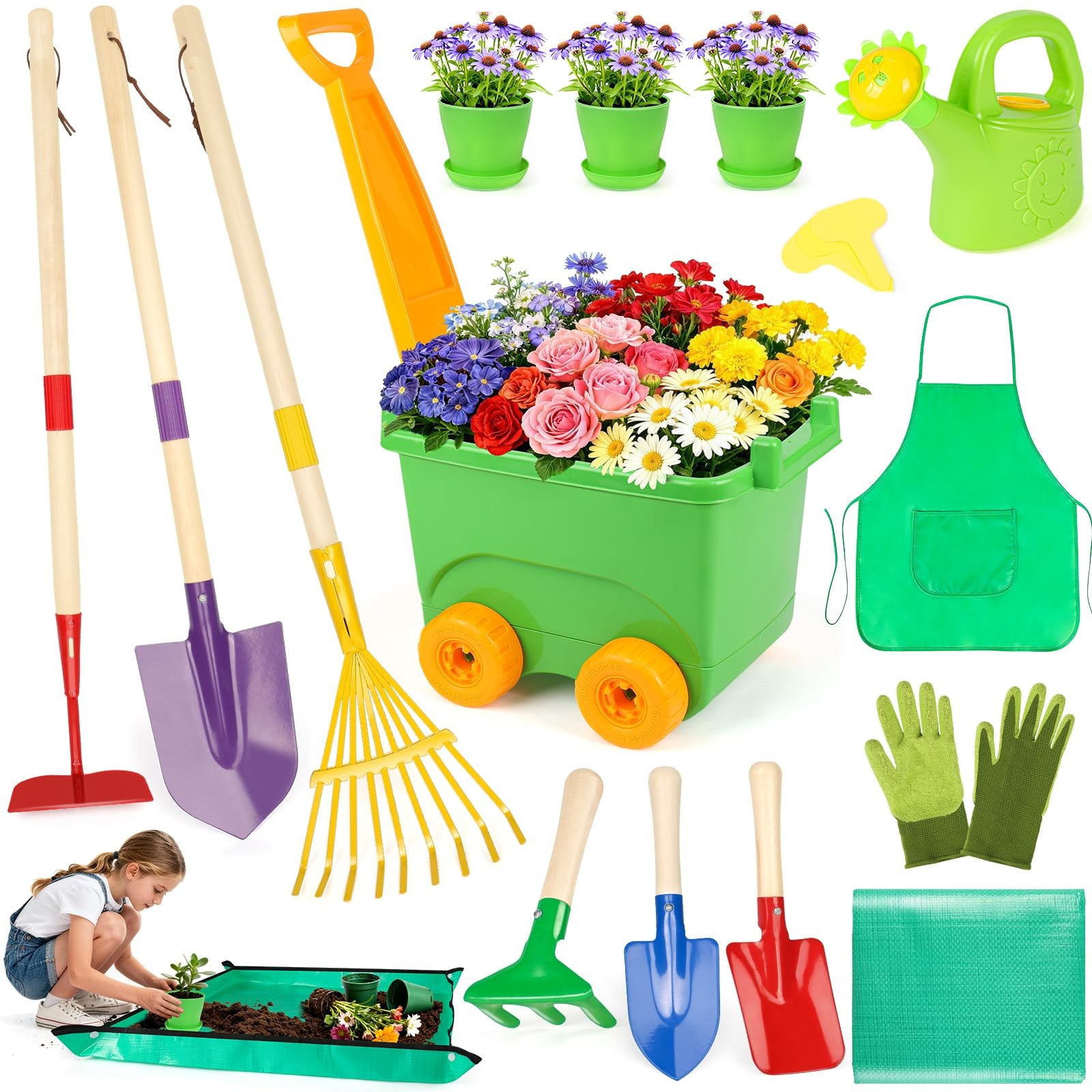 Kids Gardening Set with Wheelbarrow, Metal Gardening Tools with Apron, Gloves…