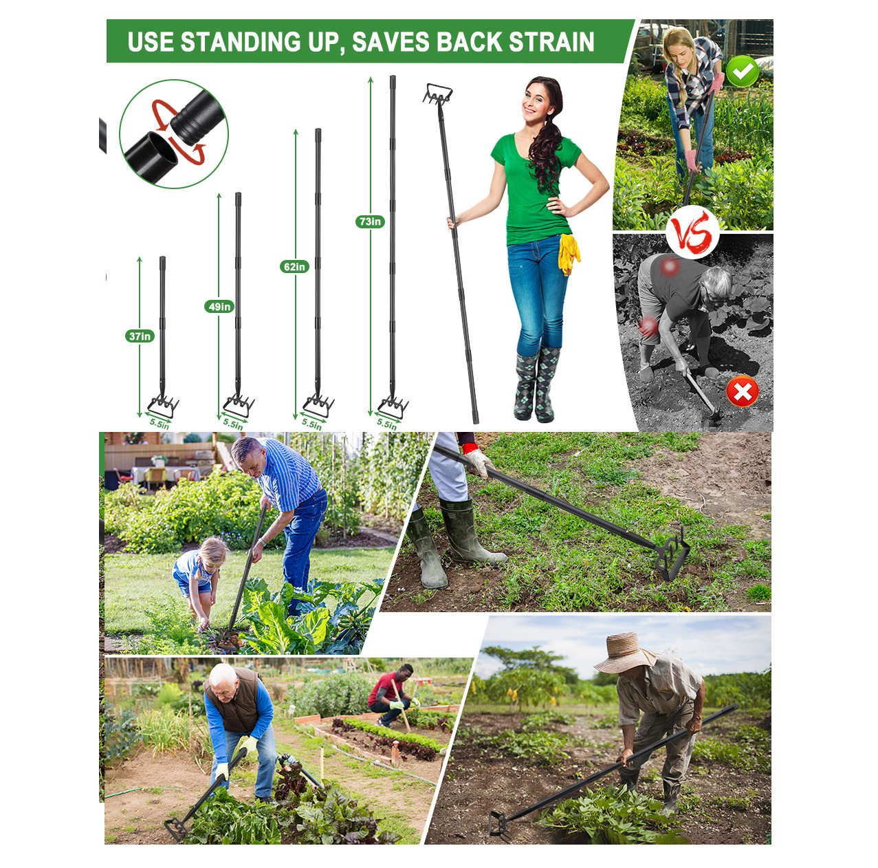 Garden Cultivator Weed Stirrup Hula Hoe Rake with 37″~62″ long Steel Handle