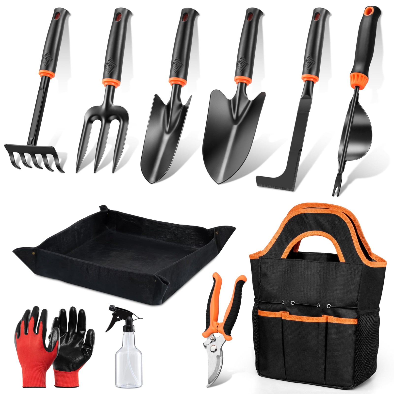 HaSteeL Garden Tools Set, 11 Pcs Gardening Supplies Hand Tool Black, Orange