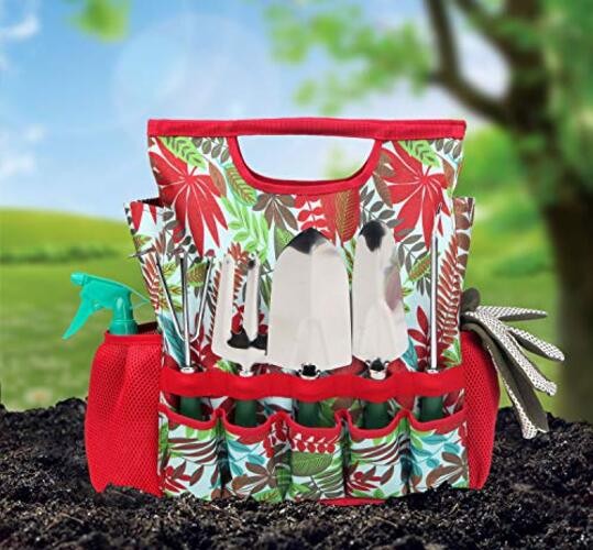 9-Piece Garden Tools Set with Gloves and Colorful Tote – Gardening Hand Tools