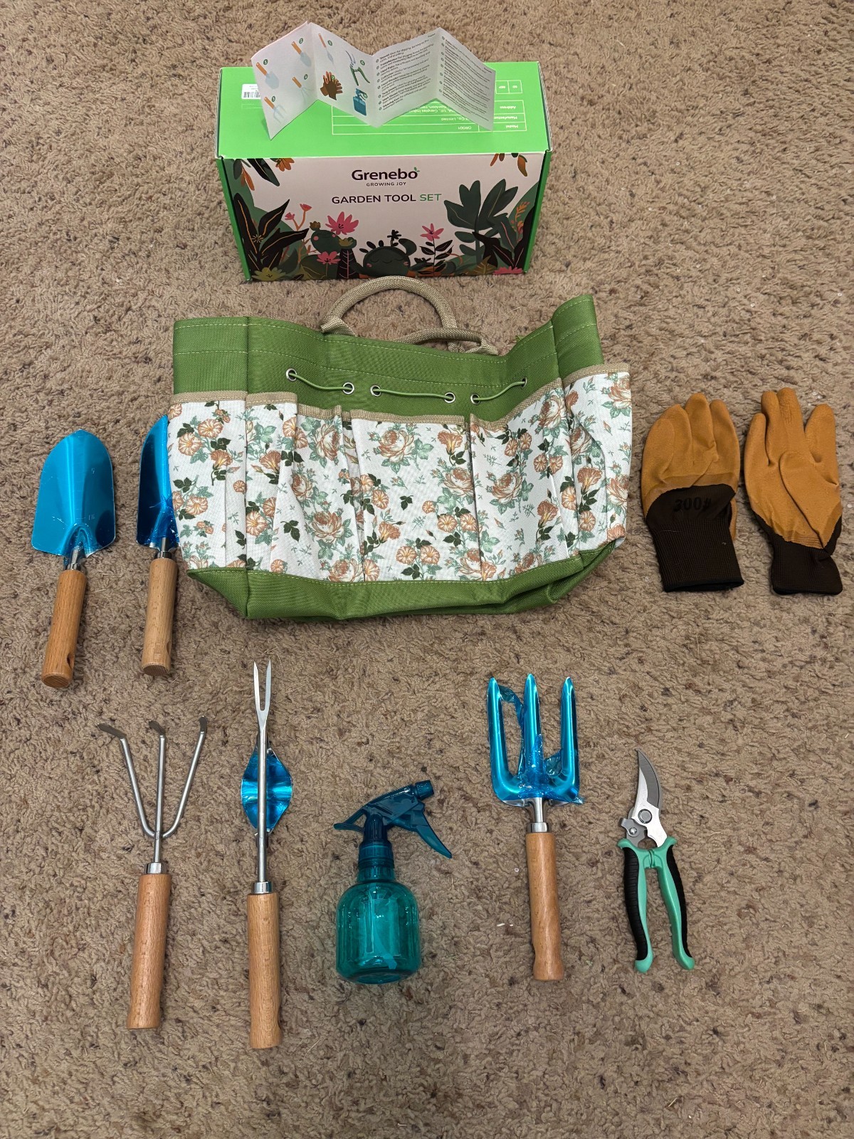 Grenebo 9-Piece Heavy Duty Garden Hand Tools Set with Organizer Bag Rust-Proof