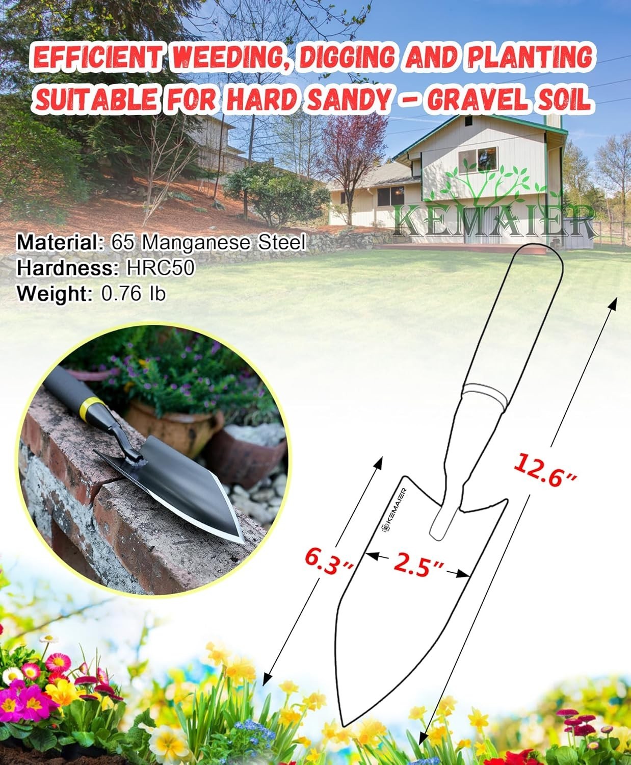 Heavy Duty Gardening Hand Trowel – Carbon Steel Garden Trowel with Rubberized…