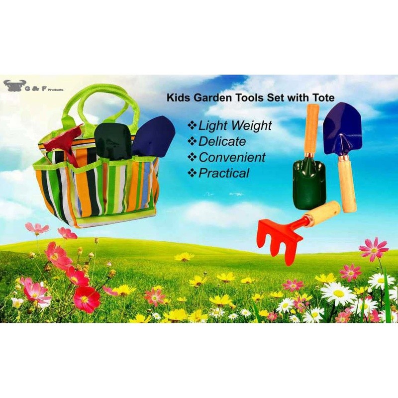 Kids Garden Tools Set Boys & Girls Toy Tool Set W/ Tote Rake Shovel Trowel New