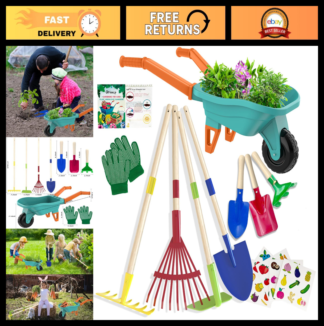 Kids Gardening Set with Wheelbarrow, Metal Tools, Gloves, Stickers & Handbook –