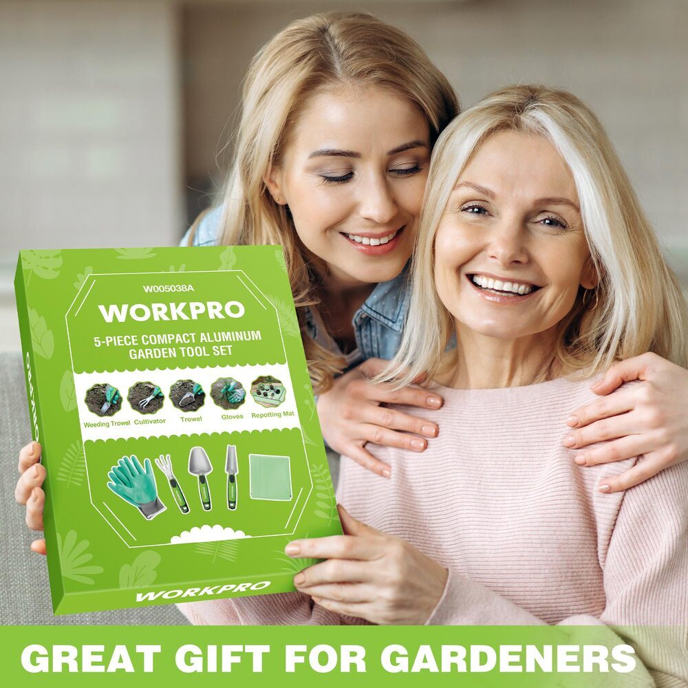 WORKPRO 5PCS Garden Tool Set Aluminum Garden Tool with Repotting Mat Rake Gloves