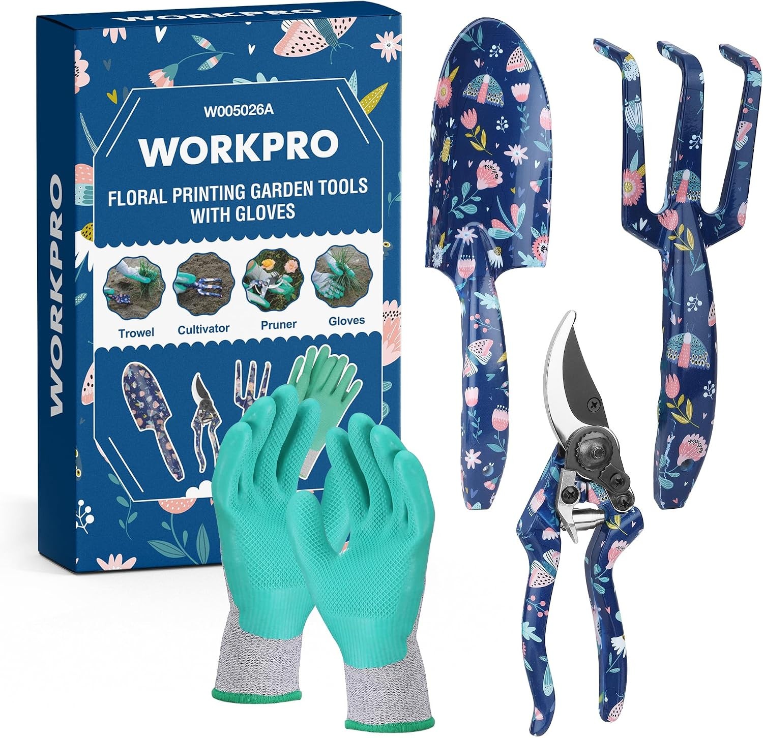 WORKPRO 5PC Garden Tool Set, Heavy Duty Aluminum, Floral Blue