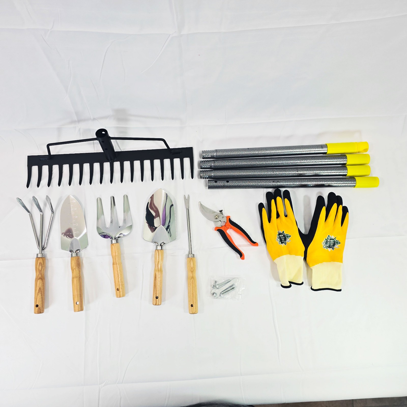 10Pc Garden Tool Set Wood Handle Kit Rake Trowel Weeder Pruners Gloves Yard Tool
